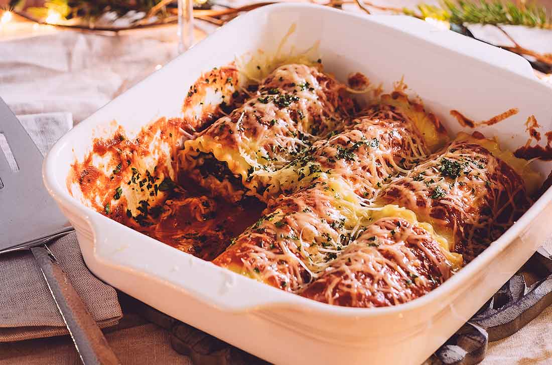 rollitos de lasaña con espinaca y champiñones