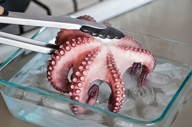 PICA el pulpo con un tenedor, para verificar que esté suave y cocido. Deja enfriar en baño de agua con hielo para parar la cocción.
