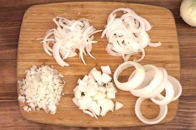 5 formas de cortar cebolla: juliana, fileteada, cubos y aros | Pasos + Video