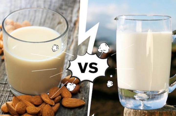 leche de vaca o leche de almendras