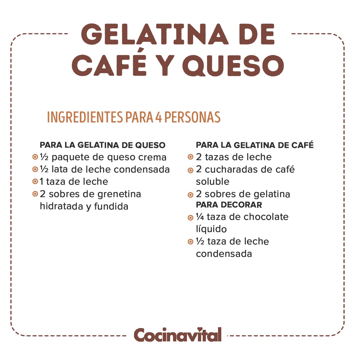 Ingredientes para la gelatina de café con queso crema.