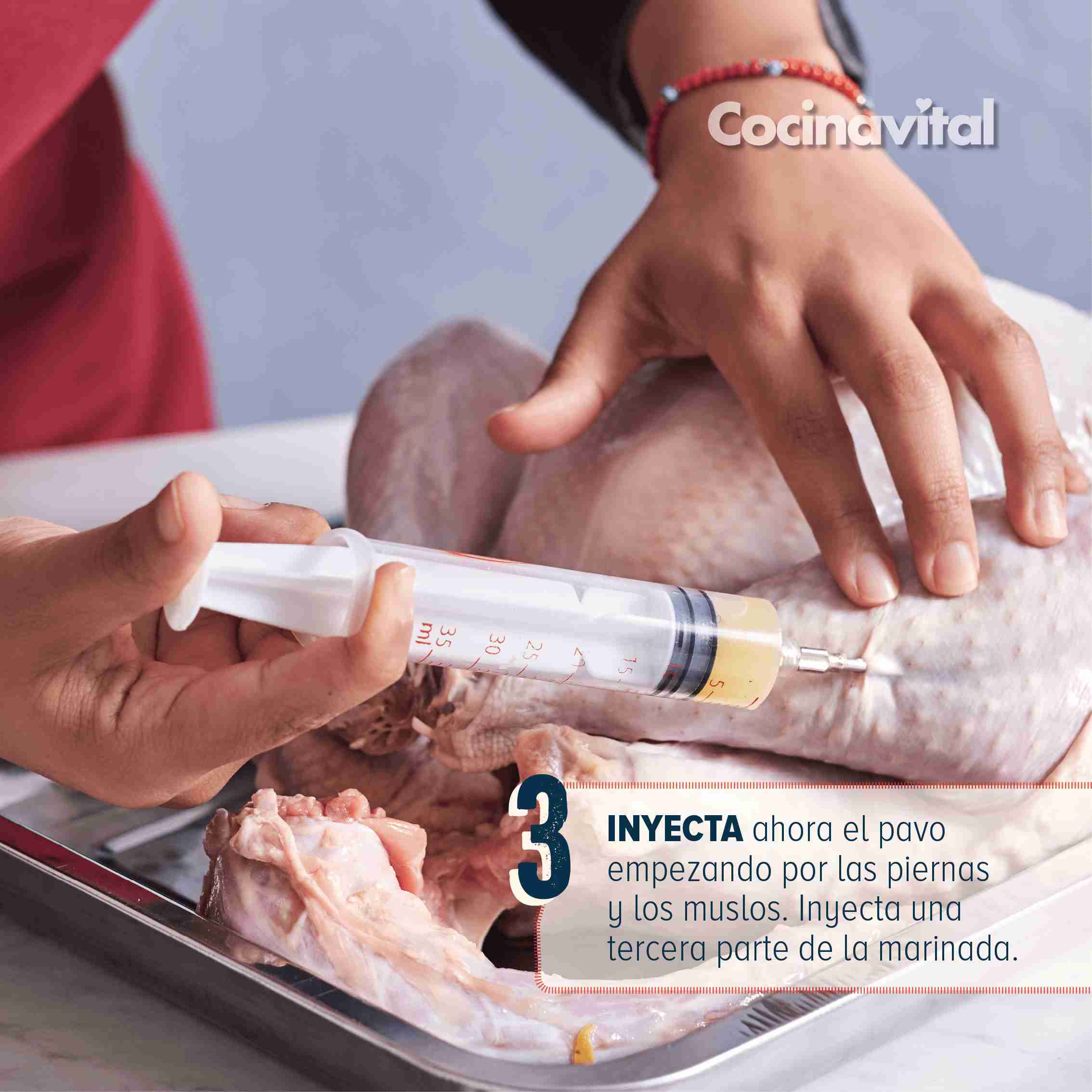 3. INYECTA ahora el pavo empezando por las piernas y los muslos. Inyecta una tercera parte de la marinada. 