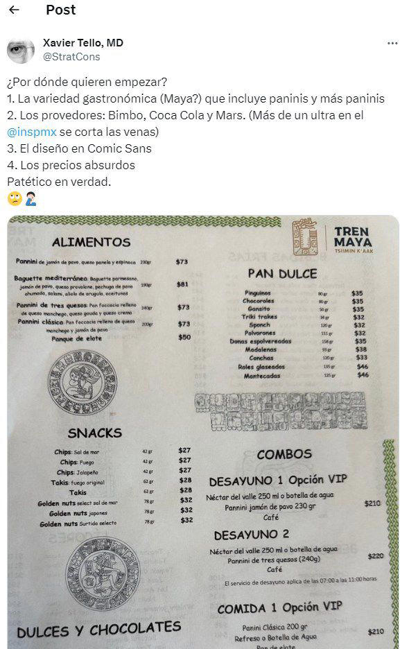 menu del tren maya