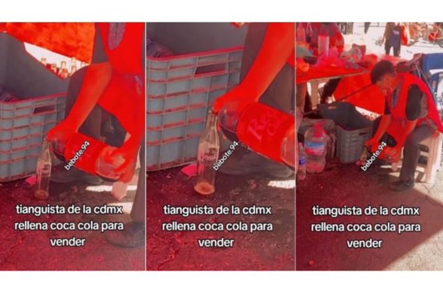 VIDEO: Sorpenden a tianguista rellenando botellas de refresco para revenderlas