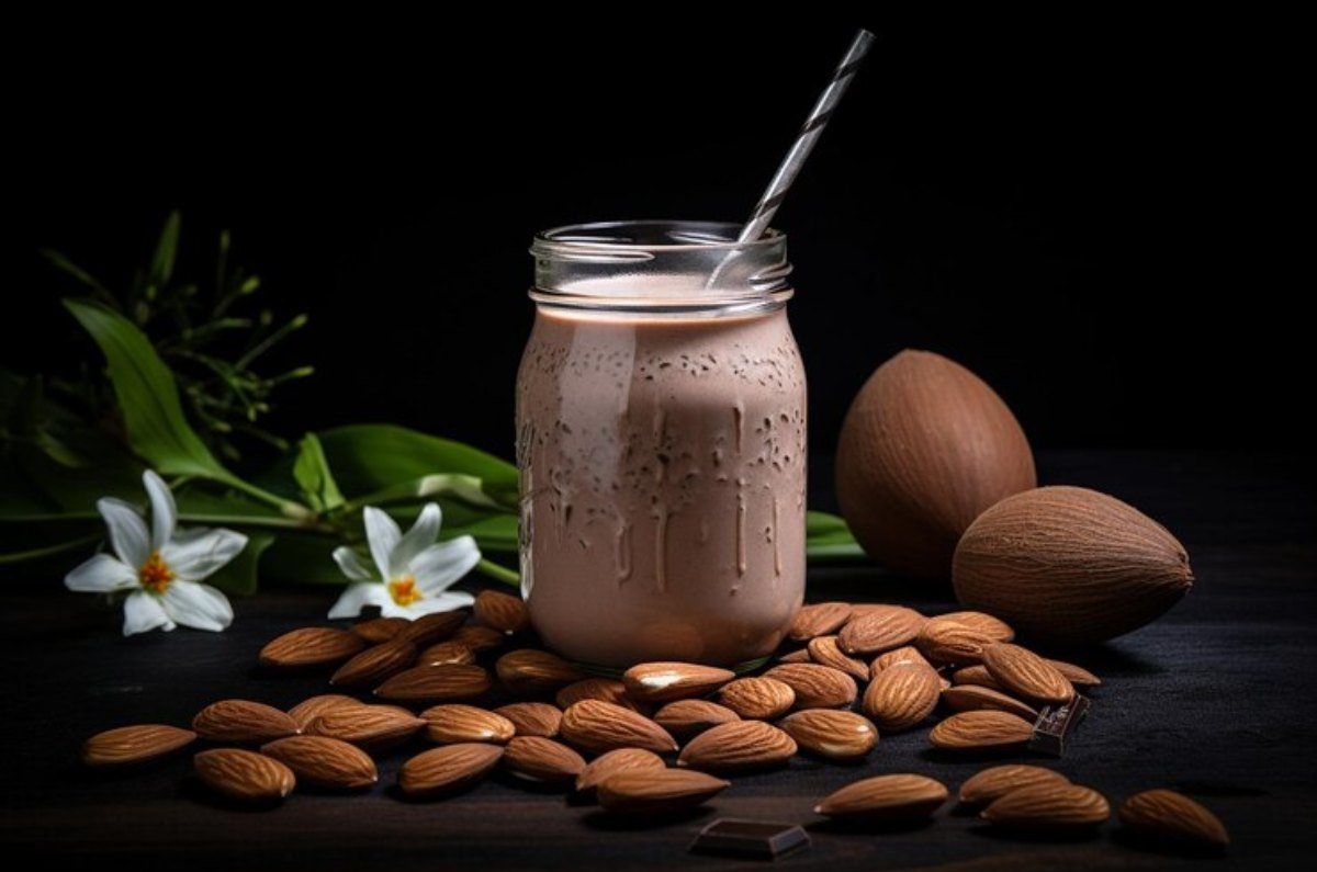 Delicioso licuando energético de chocolate, almendras y nuez