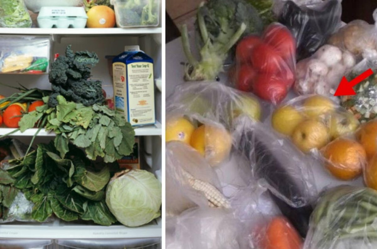 verduras en bolsas de plástico en el refrigerador
