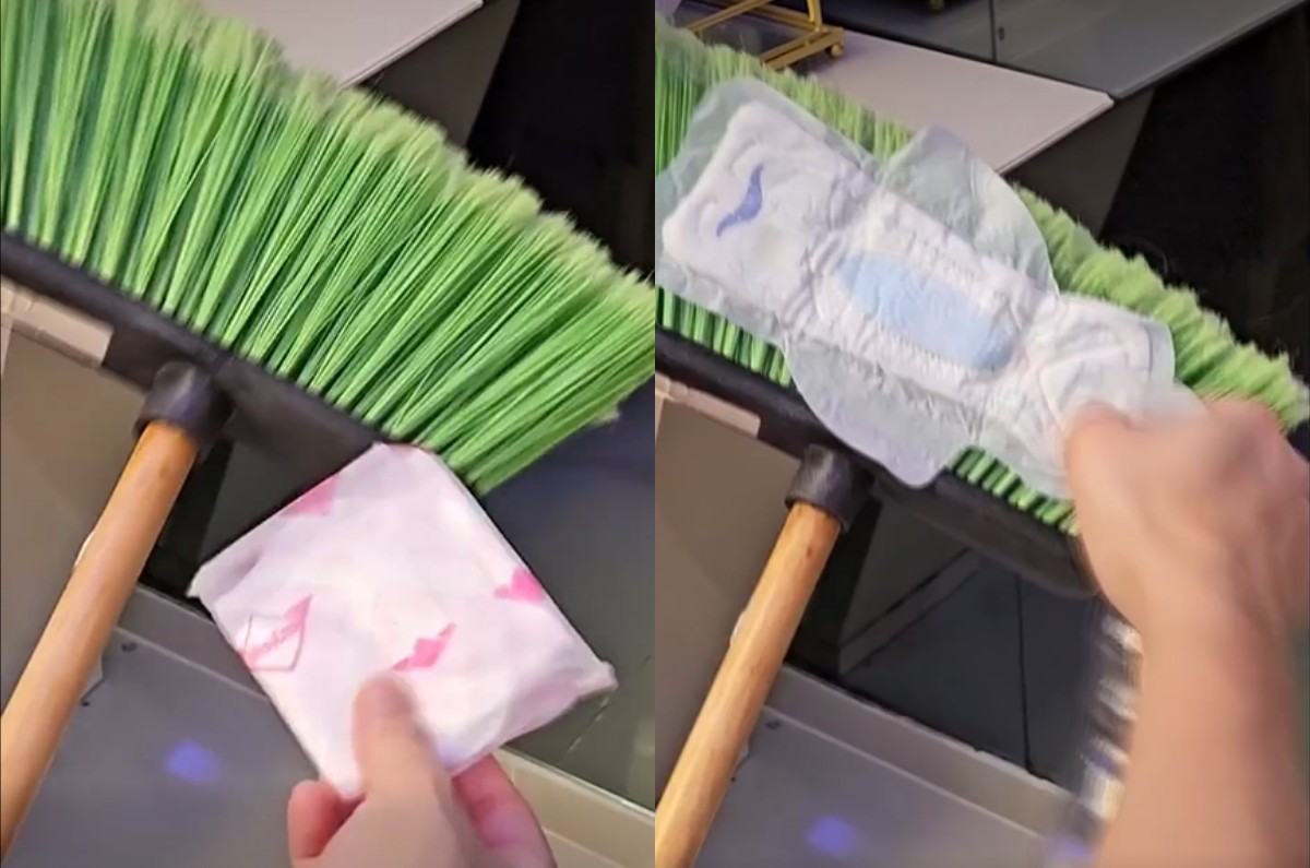 poner una toalla sanitaria en la escoba