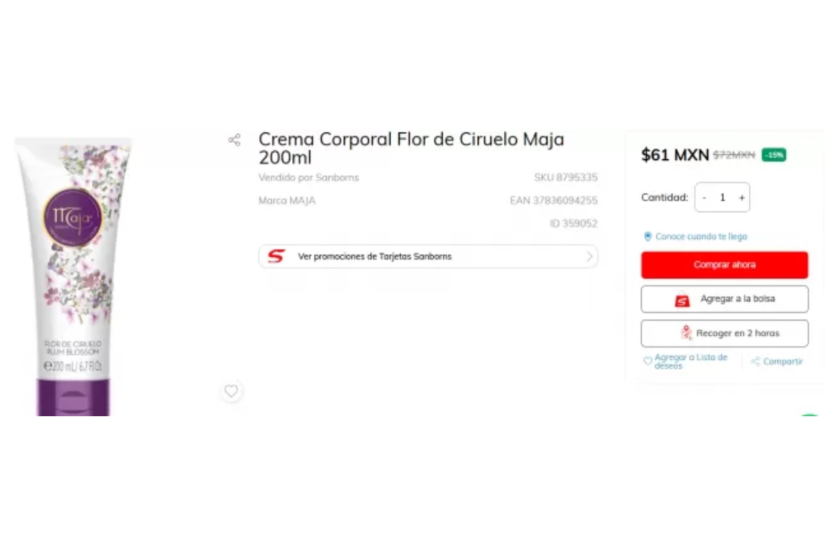precio de crema corpoal maja profeco