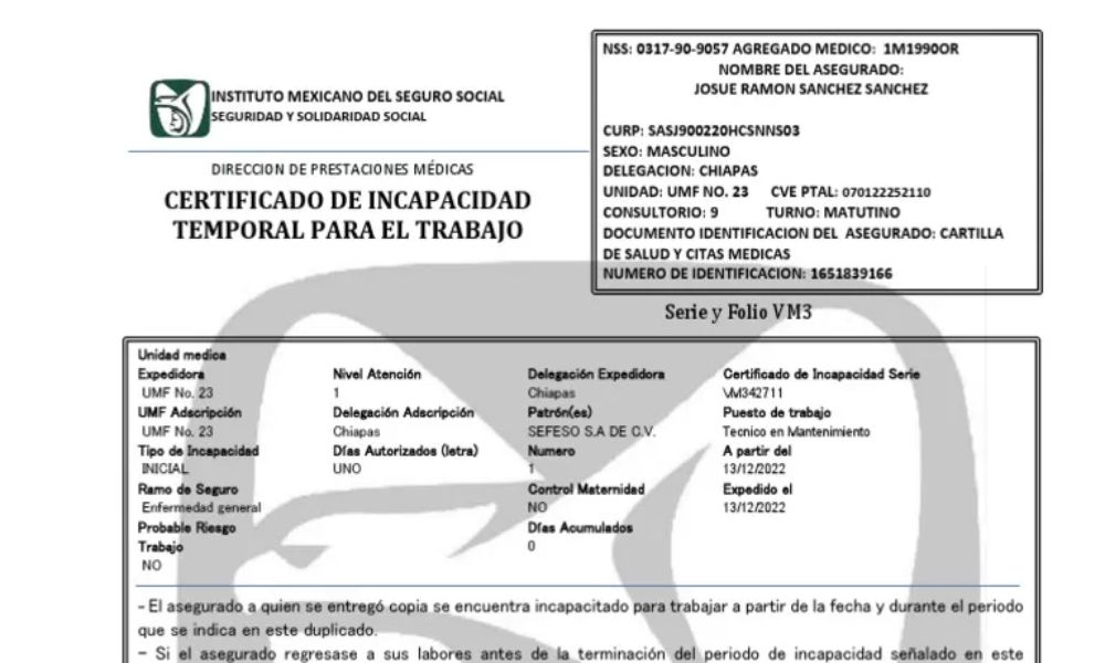 Certificado de Incapacidad Temporal para el Trabajo IMSS