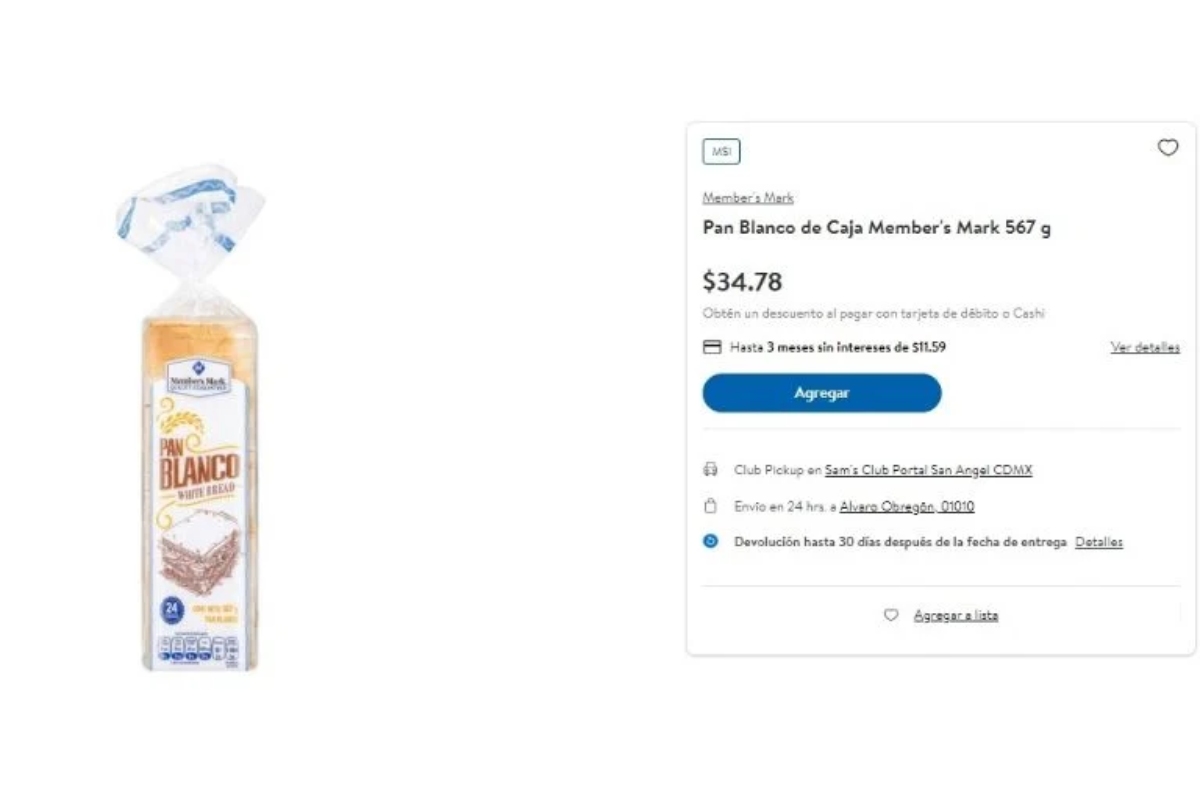 precio pan blanco de Member’s Mark
