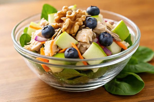 Receta de ensalada de pollo con nueces alta en vitamina E para fortalecer el sistema inmune