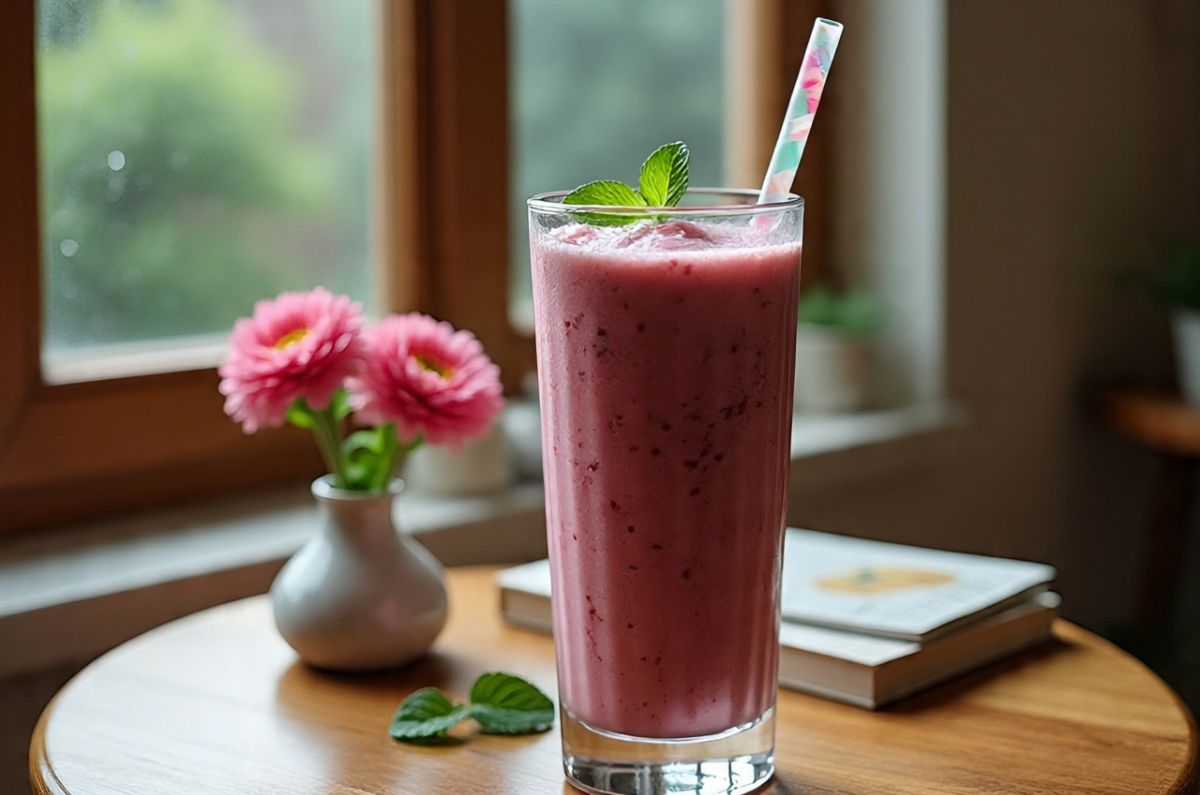 Licuado de fresas con hierbabuena