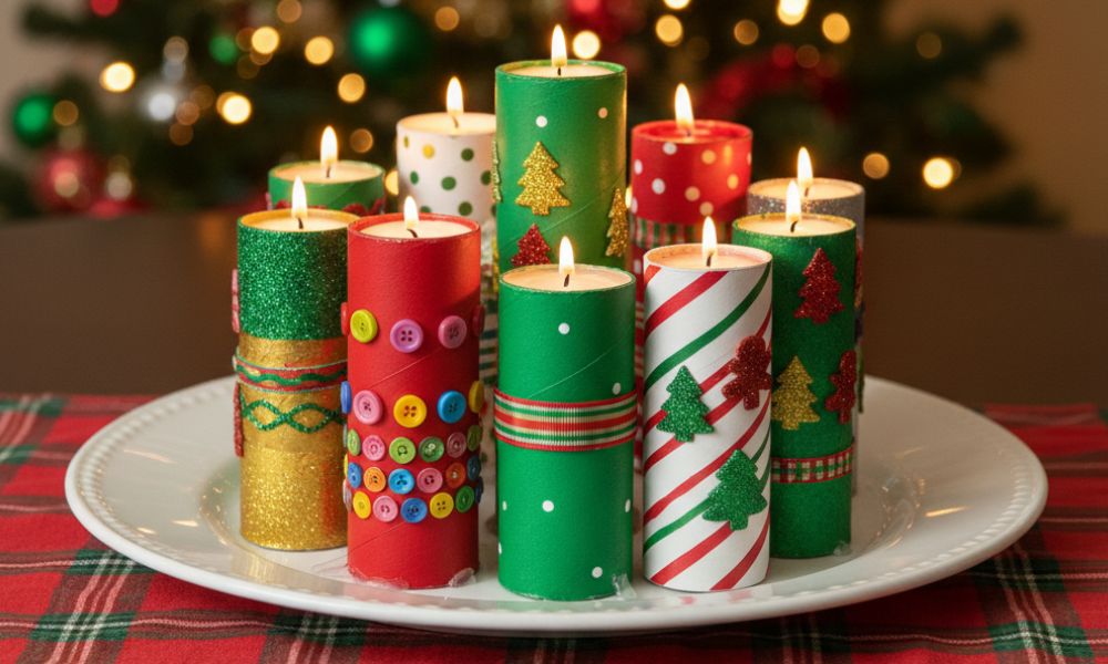 Candelabro navideño con tubos de cartón
