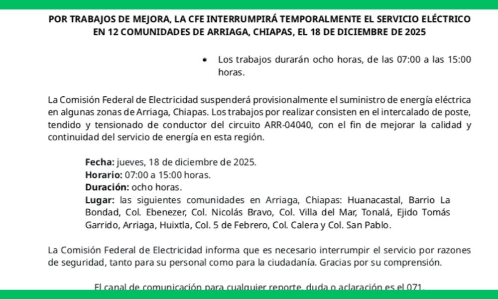 CFE corte eléctrico Arriaga