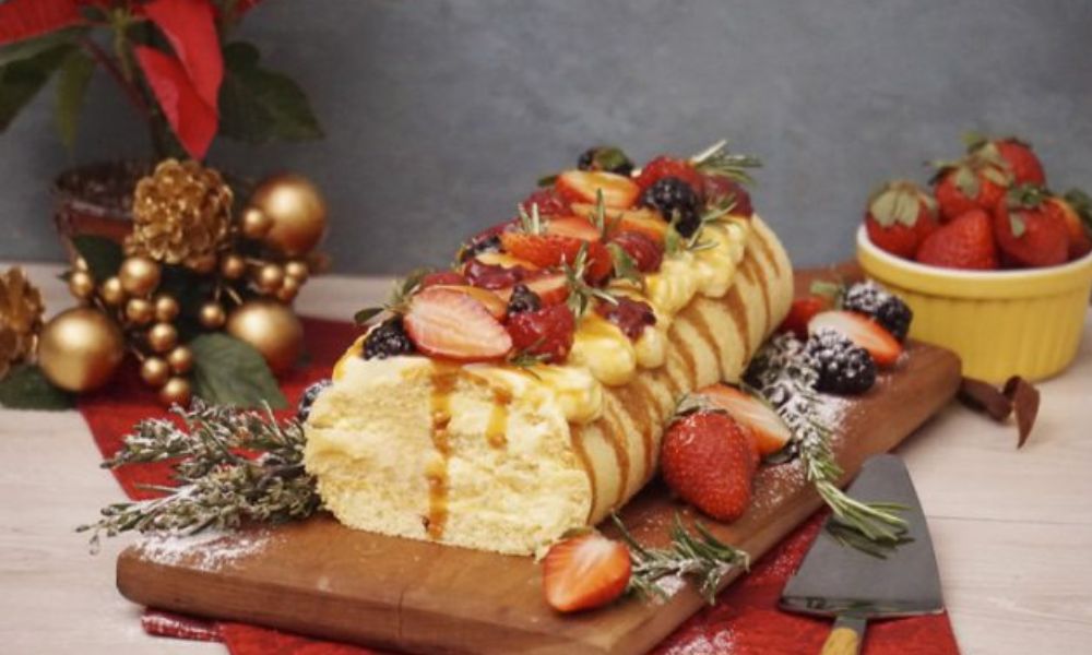 Receta de tronco navideño de naranja y flan de vainilla