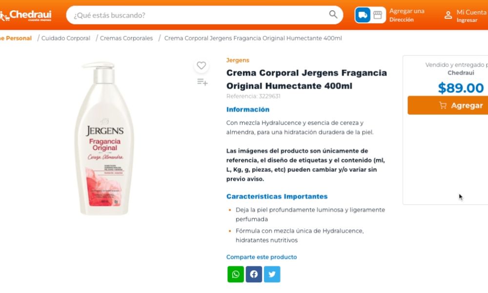 Crema Jergens de cereza y almendra precio
