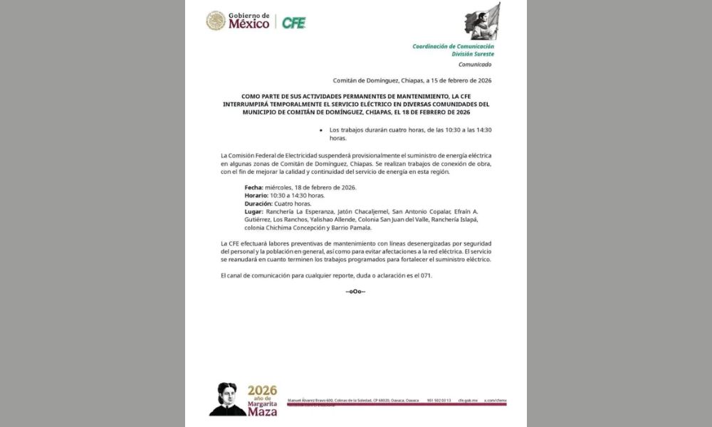 CFE apagón Chiapas 18 febrero