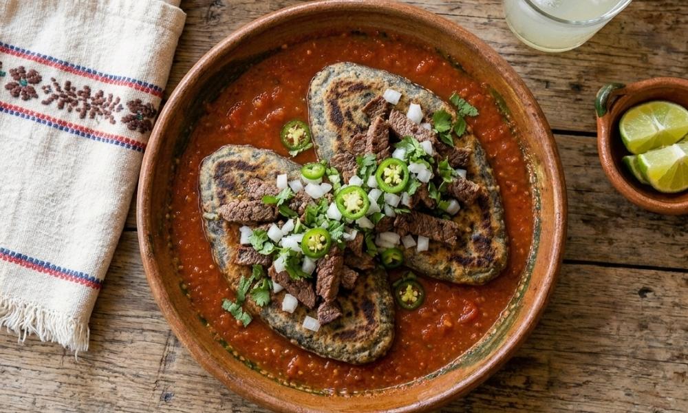 tlacoyos ahogados con bistec