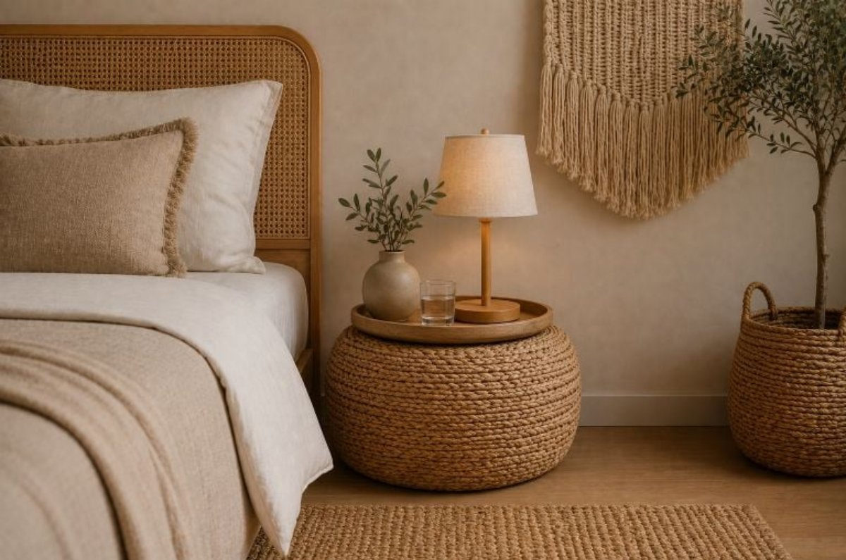 4) Puf o cesto de fibras naturales: calidez biofílica: Para quienes aman la estética bohemia, cálida y natural, esta opción es perfecta. Un puf de fibra natural o un cesto de ratán con una bandeja encima crea una mesita de noche casual, funcional y muy acogedora. Conecta directamente con la tendencia biofílica que domina el diseño de interiores en 2026: integrar materiales naturales que transmiten calma. Foto: Archivo 