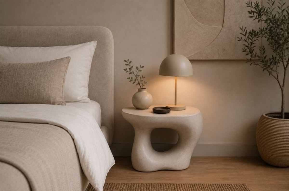 3) Mesa auxiliar con base escultórica: cuando el buró es arte: Esta tendencia es de las más fotografiadas en redes de interiorismo en 2026. Mesas auxiliares con bases irregulares, patas metálicas de diseño, madera curva, mármol o terracota. No solo funcionan como mesita de noche: se convierten en el punto focal de la recámara. Es la típica pieza que cambia por completo la personalidad del espacio sin necesidad de redecorar todo. Foto: Archivo 