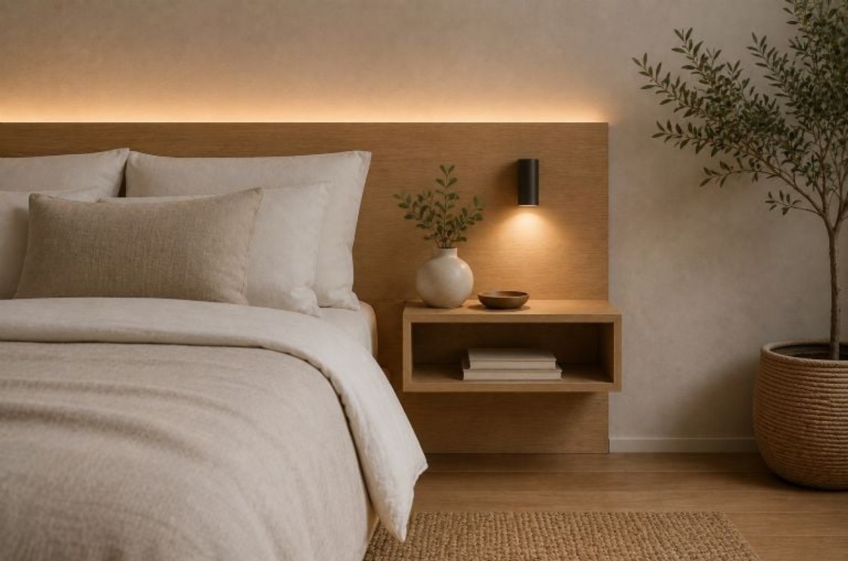 5) Estantería lateral integrada al cabecero: solución elegante y simétrica: Cuando el cabecero está fijo a la pared, integrar pequeñas estanterías laterales es una solución elegante y muy funcional. Los diseñadores la recomiendan mucho para parejas, porque permite tener superficies simétricas sin duplicar muebles. Visualmente es limpio, práctico y completamente integrado al diseño de la habitación. Foto: Archivo 
