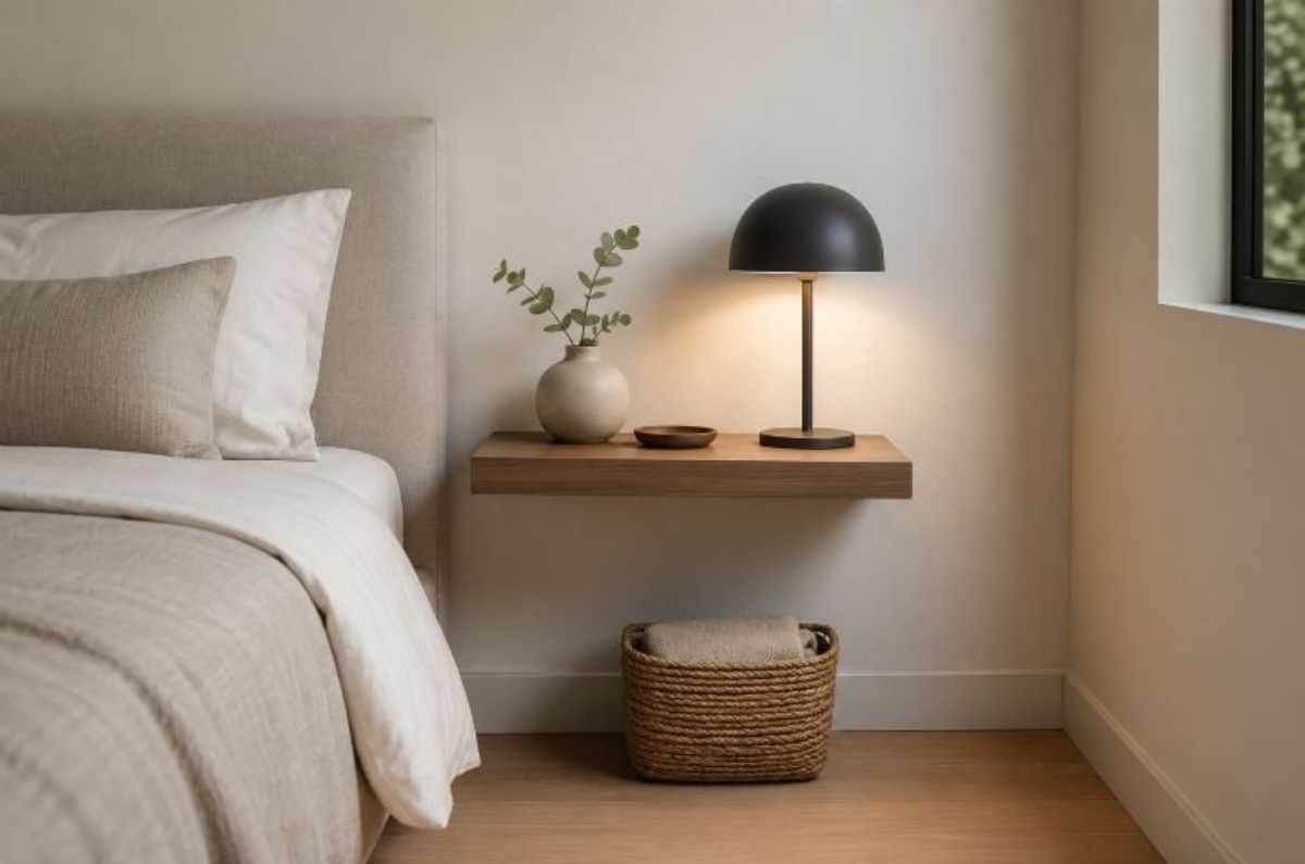 1) Repisa flotante: minimalismo que amplía visualmente: La primera vez que vi una repisa flotante como mesita de noche pensé: “¿y dónde guardo todo?”. La respuesta fue más simple de lo que creía. Una repisa de madera o metal, instalada a la altura correcta, libera por completo el suelo y hace que la recámara se vea más amplia y despejada. Es ideal para recámaras pequeñas o para quienes aman el estilo limpio y ordenado. Debajo puedes añadir una cesta o caja decorativa para guardar lo esencial. El resultado es visualmente ligero y muy moderno. Foto: Archivo 