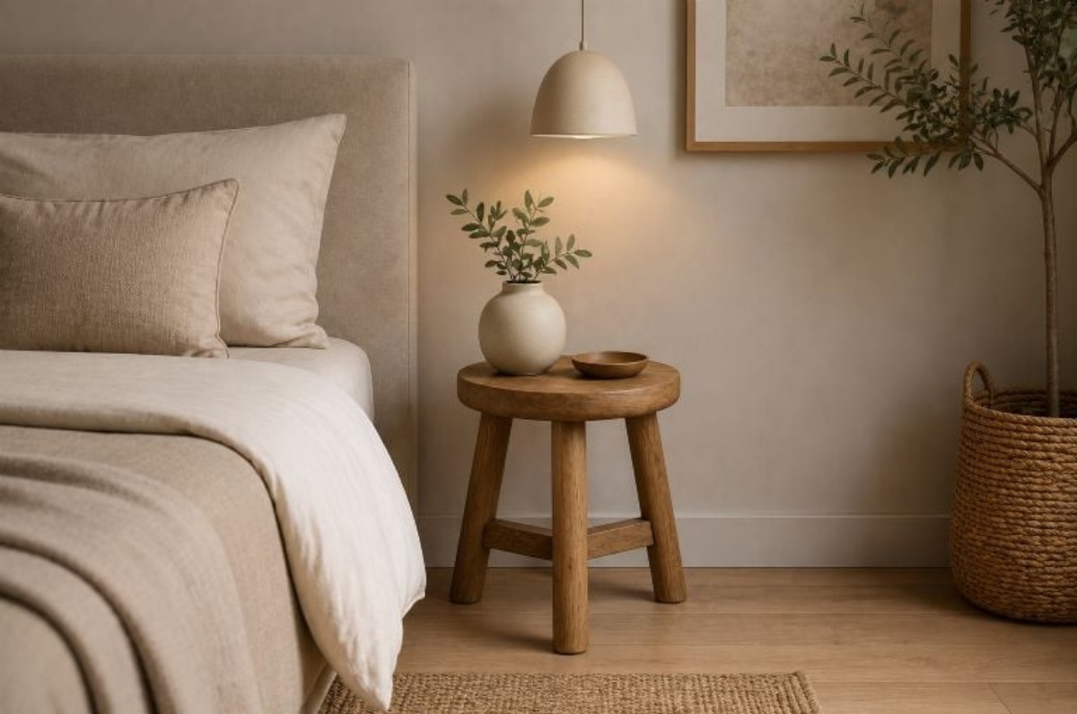 2) Taburete o banquillo: doble función con estilo: Un taburete de madera con asiento redondo o una pequeña banqueta de líneas orgánicas puede funcionar perfecto como mesita de noche. Me encanta porque durante el día se convierte en asiento auxiliar o pieza decorativa en otro rincón. Encaja muy bien en recámaras con estética escandinava, relajada o natural. Además, rompe por completo con la rigidez del buró tradicional. Foto: Archivo 