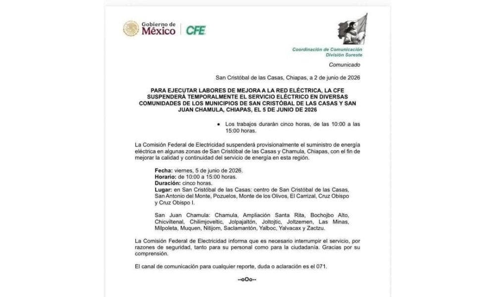 Comunicado oficial de apagón de CFE en Chiapas
