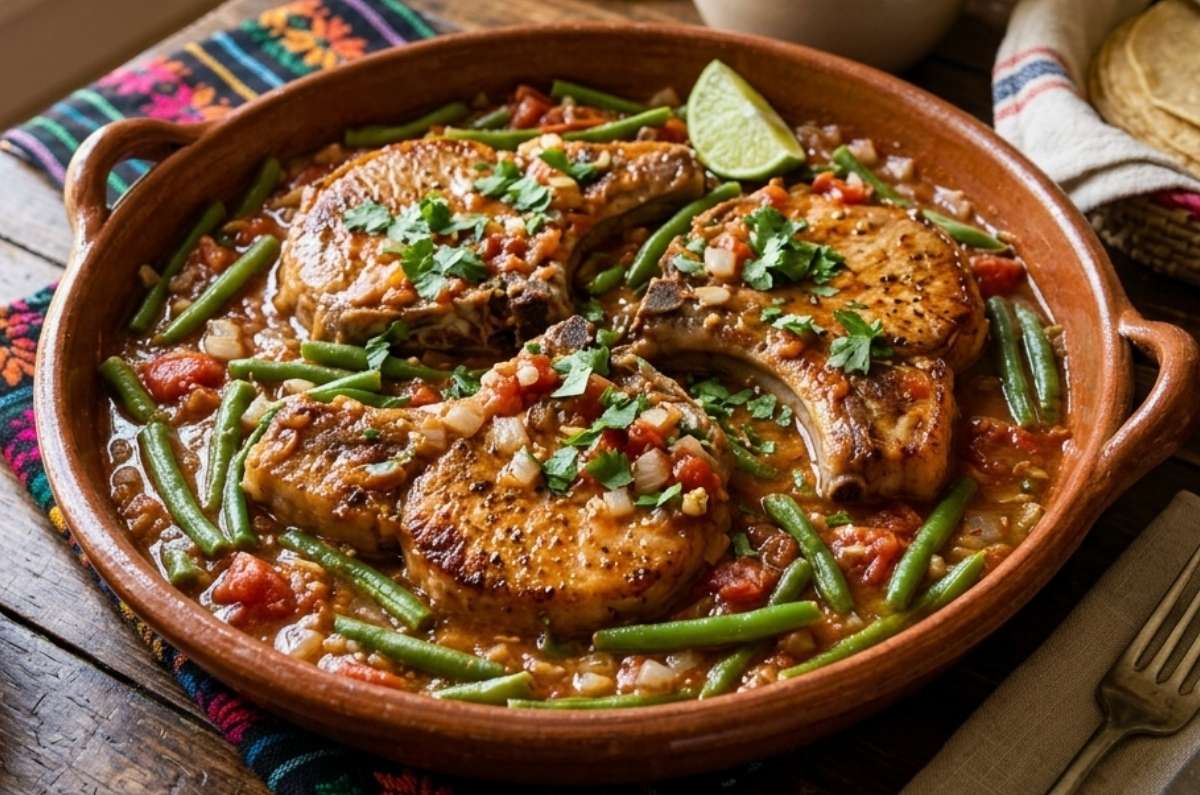 Receta de chuletas de puerco con ejotes a la mexicana ¡para preparar en 40 minutos!